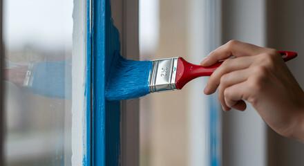 Hand painting a window frame with a blue paint brush, close up.
