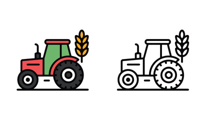 Obraz premium Colorful and Outlined Tractor Icons with Wheat Stalks, Farm Vehicle Graphics