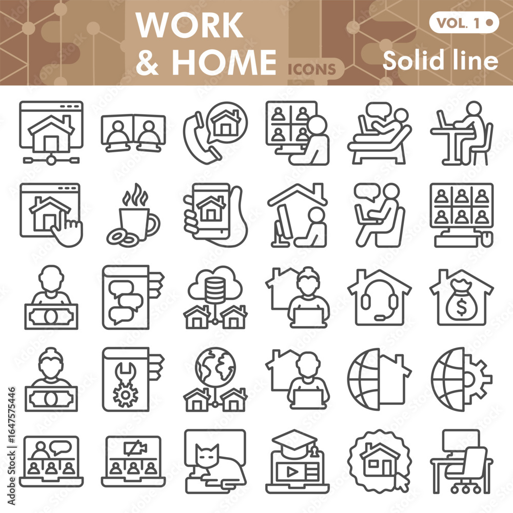 Poster work from home line icon set, remote employment, online job symbols collection or sketches. workspac