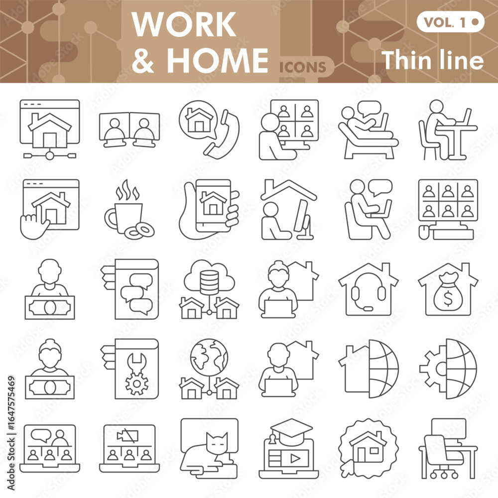 Poster work from home thin line icon set, online remote employment symbols collection or sketches. workspac
