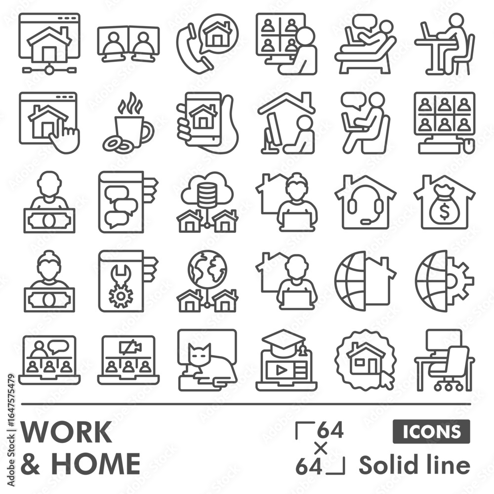 Poster remote work line icon set, work from home, online job symbols collection or sketches. workspace and 