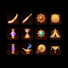 Golden Fantasy Game Icons:  Mystical, Adventure, App UI Assets