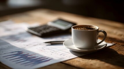 Investor s desk with financial graphs calculator and a cup of coffee in the morning light