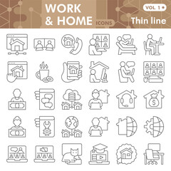 Work from home thin line icon set, online remote employment symbols collection or sketches. Workspace and workplace linear style signs for web and app. Vector graphics isolated on white background.