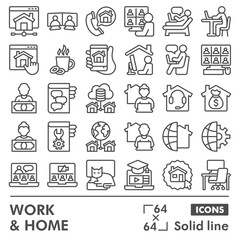 Remote work line icon set, work from home, online job symbols collection or sketches. Workspace and workplace linear style signs for web and app. Vector graphics isolated on white background.