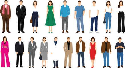 Fashion silhouettes, diverse clothing styles, formal and casual outfits, men and women, standing poses, black outline, wardrobe variety