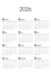 2026年の年間カレンダー月曜始まり