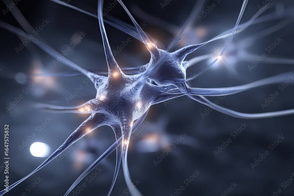 Poster a high-resolution depiction of neurons, illustrating their intricate structures and connections, hig