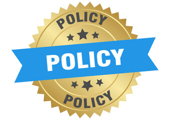 policy. policy round blue and gold label isolated on transparent background