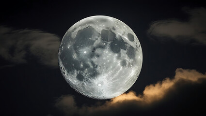 A dramatic full moon is visible through a dark, cloudy sky.
