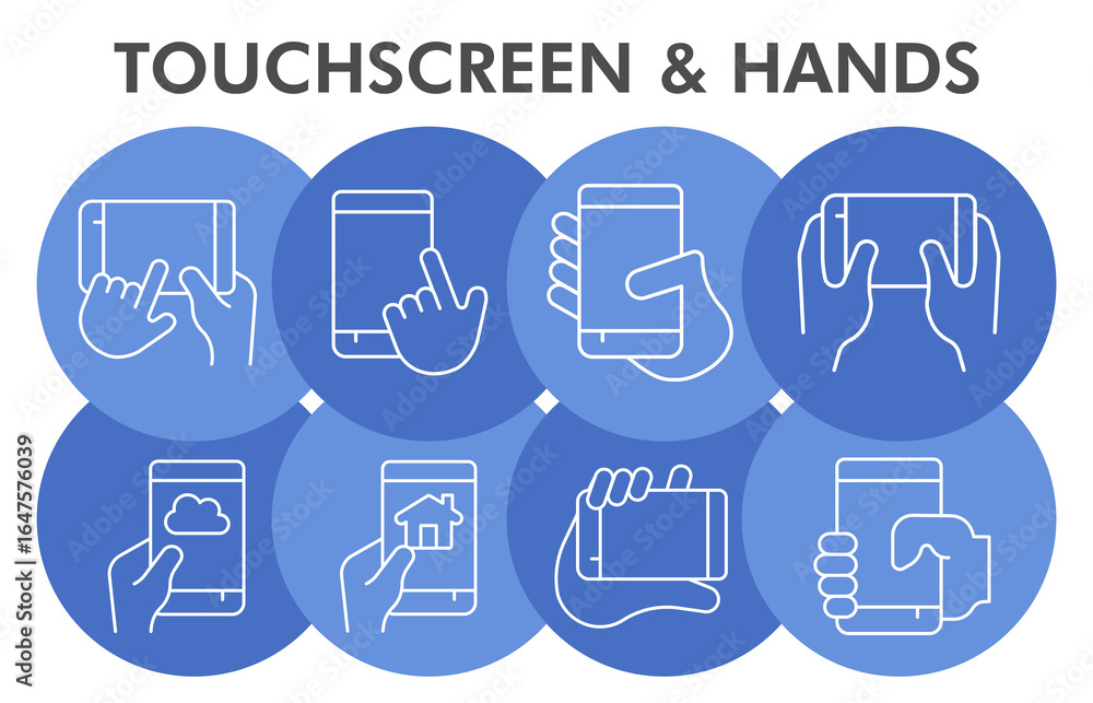 Poster touchscreen and hands infographic design template. smartphone visualization with 8 steps bubble desi