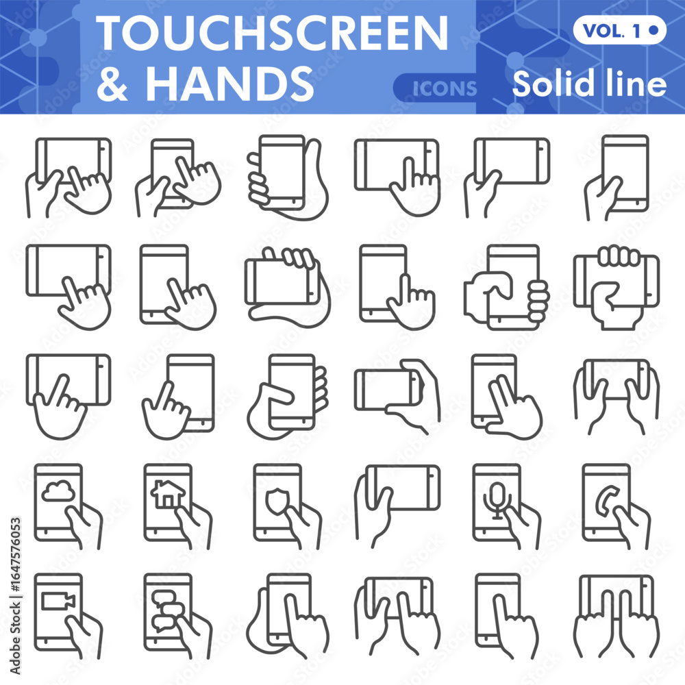 Poster hands hold smartphone solid line icon set, touchscreen and fingers symbols collection or sketches. m