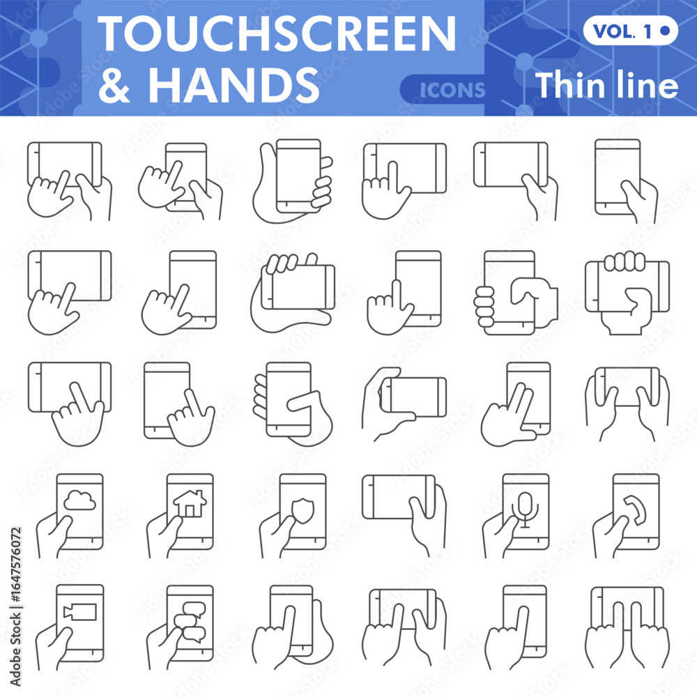Poster touchscreen phone display in hands thin line icon set, smartphone symbols collection or sketches. mo