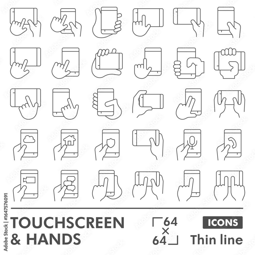 Poster smartphone in hands thin line icon set, mobile phone and fingers symbols collection or sketches. tou