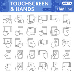 Touchscreen phone display in hands thin line icon set, smartphone symbols collection or sketches. Mobile cellphone linear style signs for web and app. Vector graphics isolated on white background.