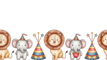 Fototapeta premium Lions and elephants in party hats with circus tents border art