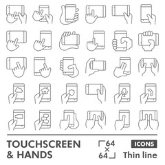 Smartphone in hands thin line icon set, mobile phone and fingers symbols collection or sketches. Touchscreen display linear style signs for web and app. Vector graphics isolated on white background.