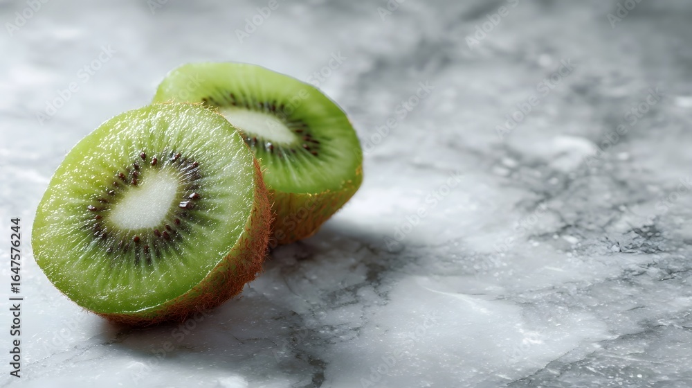 Poster sliced kiwi on a marble counter