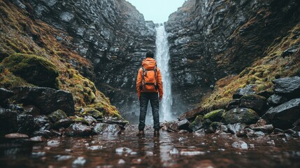 Hiker facing a powerful waterfall in a rugged mountain setting
