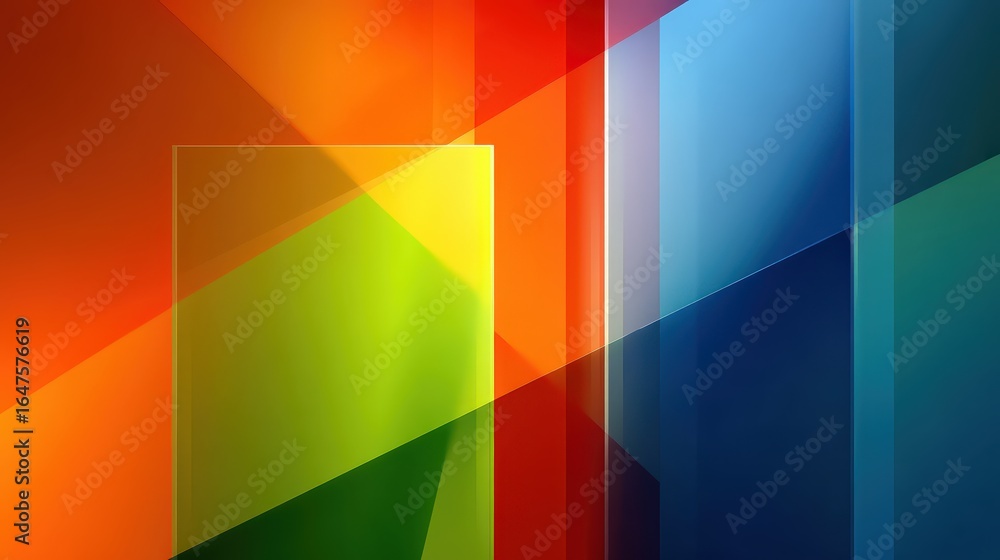 Poster a vibrant abstract composition featuring geometric shapes and a spectrum of colors, creating a dynam