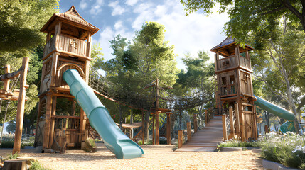 childhood adventures playground in the park for children with rustic wooden towers a slide