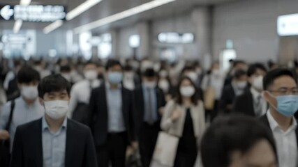 Blurred motion of diverse commuters and passengers wearing face masks walking through a busy urban public transport hub or airport terminal during rush hour