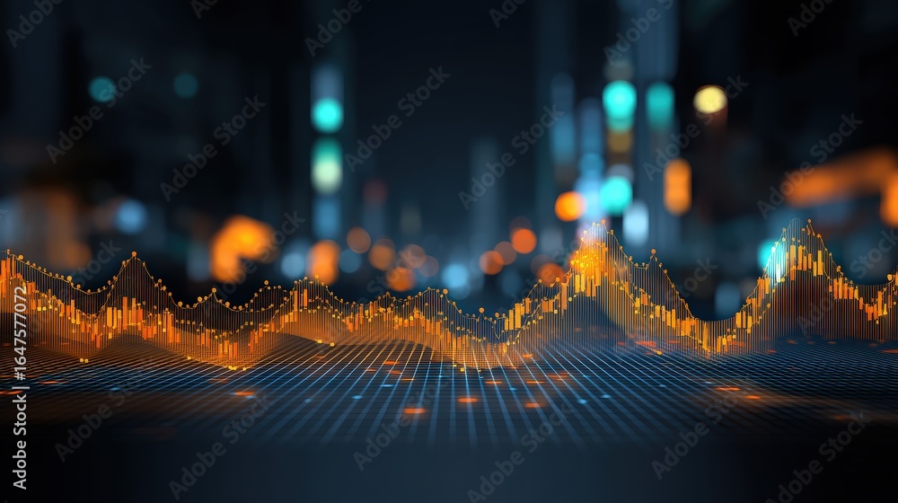 Poster a vibrant digital visualization of data trends, featuring glowing lines and dots against a blurred c