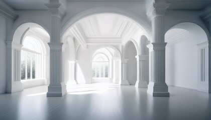 Naklejka premium white minimalist classical gallery interior with arched columns bright daylight and clean empty space for modern exhibition architecture museum business or design background