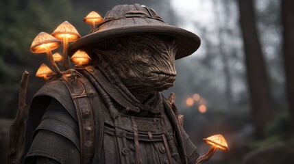 Halloween gnome forest creature concept. A mystical figure adorned with glowing mushrooms in a forest setting.