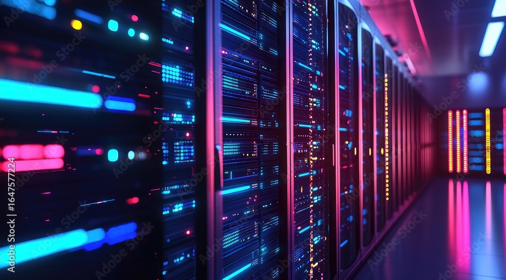 Poster futuristic neon illuminated data center with rows of high performance server racks in vivid blue and