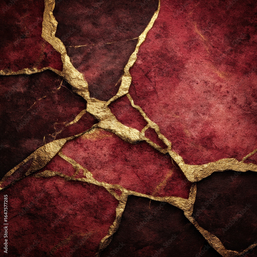 Poster a textured surface showcasing deep cracks and a rich red background, accented with golden lines, cre