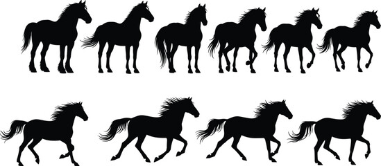 Horse silhouettes in motion, galloping and walking poses, equine illustration, animal movement, dynamic horse design, black figure graphics