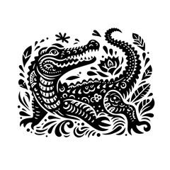 Ornate black and white crocodile illustration with folk art patterns and floral motifs.