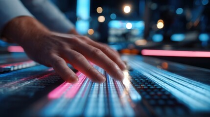 Focused medium shot on a presenters precise hand movements controlling virtual lowerthirds graphics at a futuristic news desk while the rest of the studio softly fades out of