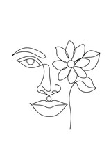 Continuous line art a female face with a flower covering one eye Single line drawing