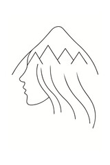 Woman s profile merged with mountain peaks flowing hair Single line drawing face