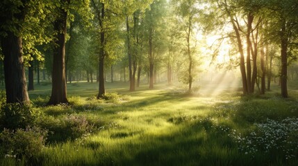 Obraz premium A serene forest scene bathed in sunlight, showcasing lush greenery and dappled light filtering through trees.