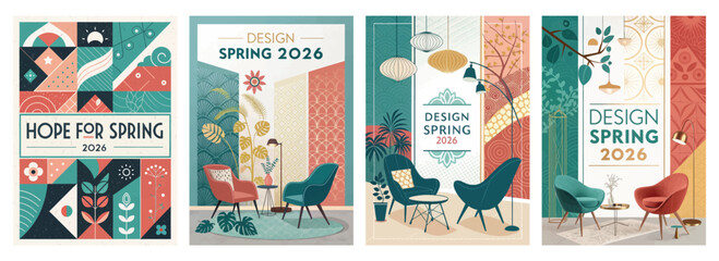 Naklejka premium Colorful spring design posters showcasing modern interiors and floral themes for 2026.