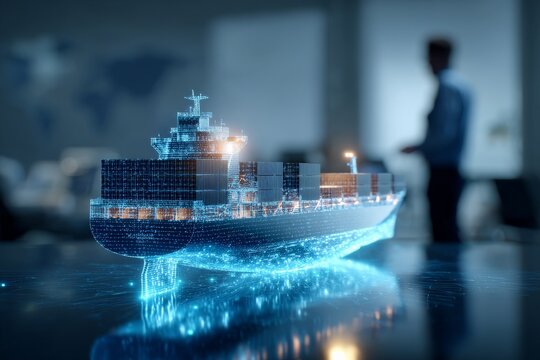 Business professional focused on glowing hologram of cargo ship. futuristic vision of business logistics, transportation, and technology, showing innovation for future of industry