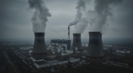 Dominating industrial power plant with massive cooling towers and smokestacks emitting extensive plumes, highlighting global environmental impact and energy production.