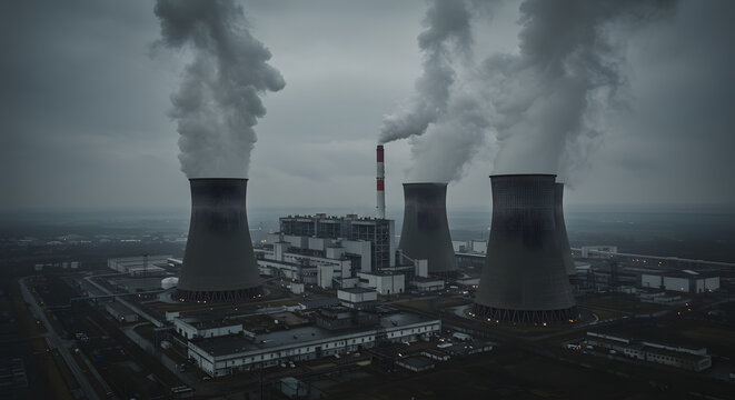 Dominating industrial power plant with massive cooling towers and smokestacks emitting extensive plumes, highlighting global environmental impact and energy production.