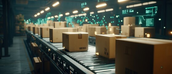 A modern warehouse environment showing a conveyor belt with numerous packages, illuminated by overhead lights and digital displays.