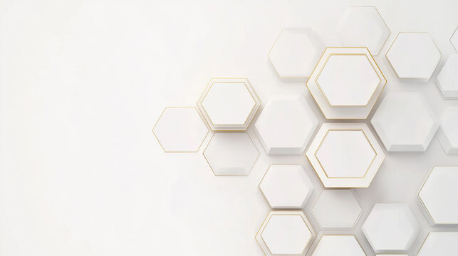 White Hexagon Background with Gold Lines. Minimal Luxury 3D Geometric Design