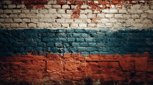Somber Russia flag painted on an old grunge brick wall. This vintage background texture shows weathered and aged national symbol with peeling paint for dramatic effect