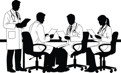 Medical team meeting, healthcare professionals, lab coats, stethoscope, hospital staff, discussion, collaboration, seated doctors, clinical teamwork, vector