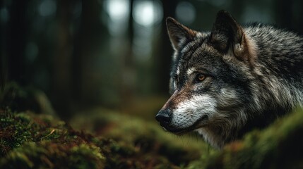 Obraz premium Close up of a wild wolf in forest environment, intense gaze, detailed fur texture, wildlife photography scene with natural woodland background