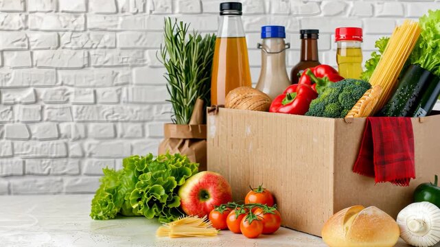 Fresh vegetables, fruits, and pantry staples displayed in a cardboard box for a nutritious cooking experience at home
