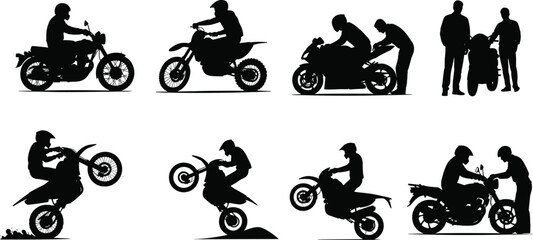 Motorcycle silhouette set, riding poses, stunt biker, maintenance action, motorbike interaction, vector illustration, black, extreme sport, biker