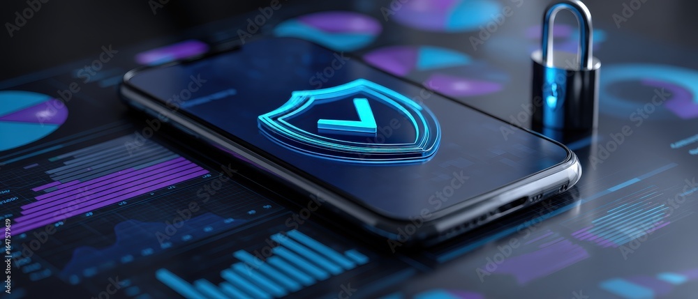 Poster a sleek smartphone displays a security shield icon, emphasizing cybersecurity amid colorful graphs a