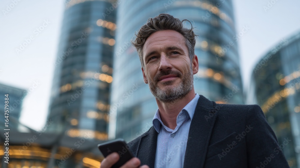 Poster a man is smiling and holding a cell phone in front of a tall building